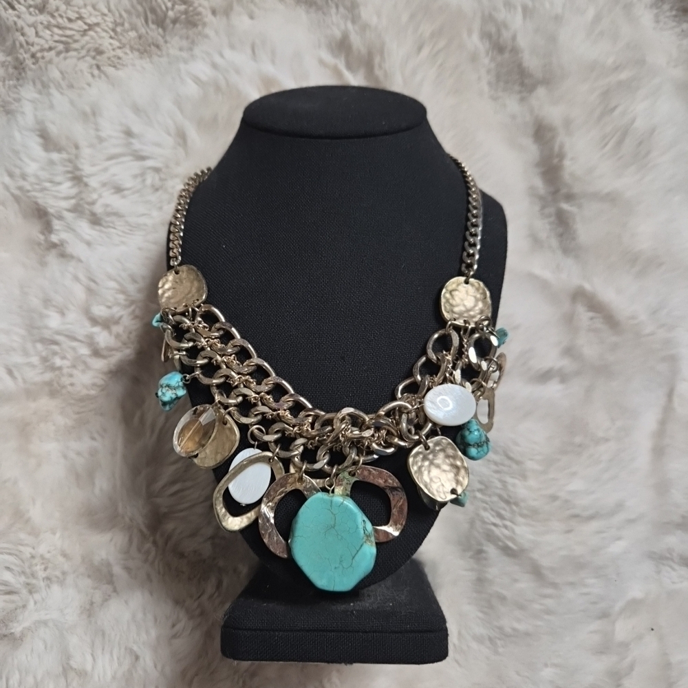 Statement Necklace Boho Coastal Bohemian Faux Turquoise Hammered Gold Ovals ✨️💫